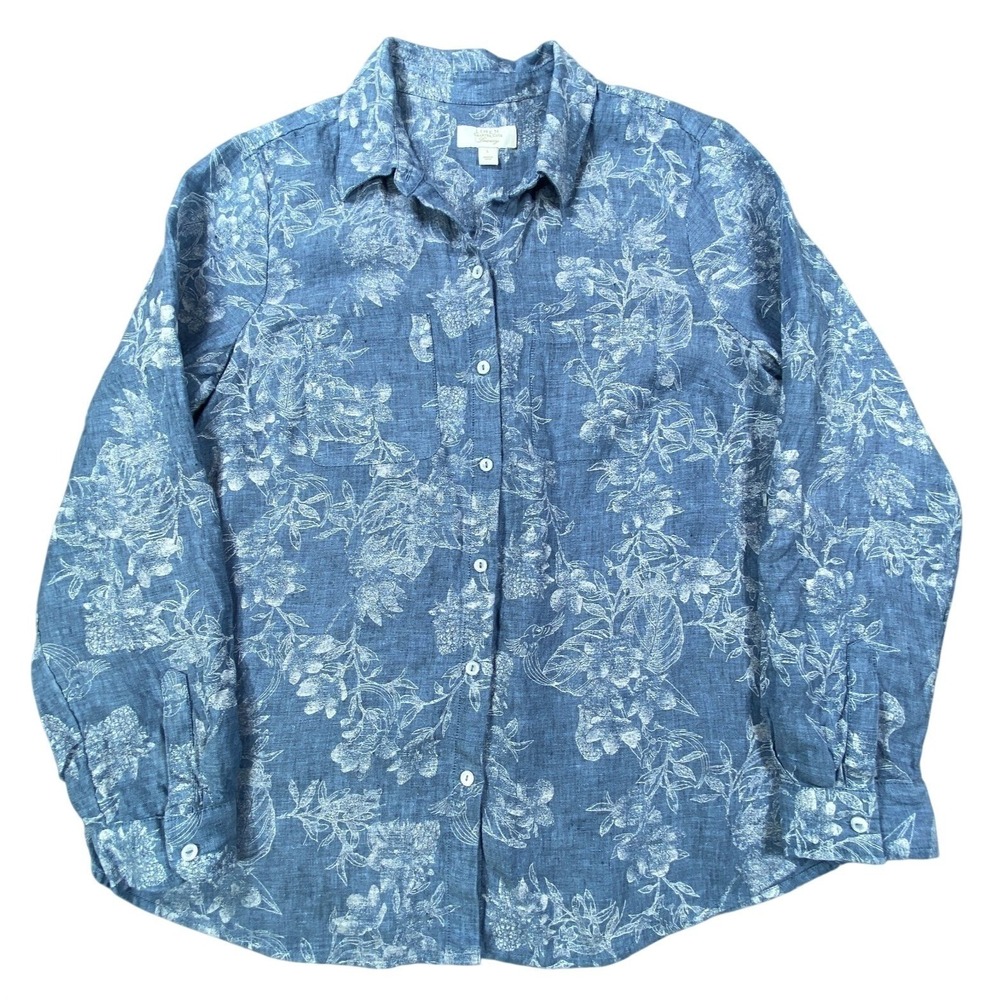 Charter Club Linen Shirt Womens Large Blue Floral All Over Print Button Up Top